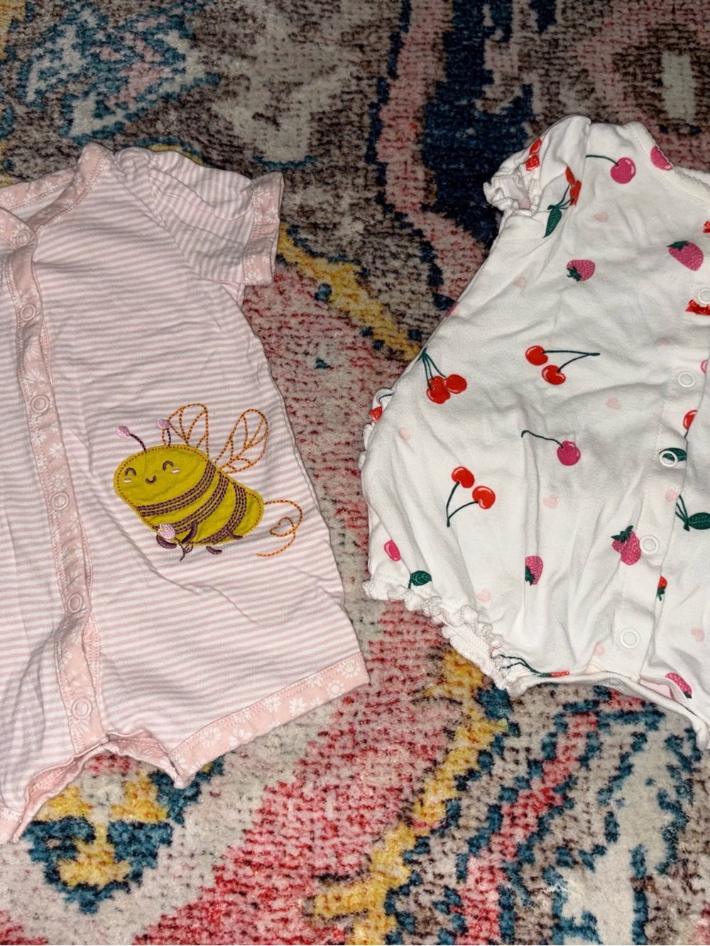 Carter's Pink Striped Bee Romper & White Cherry Print Romper